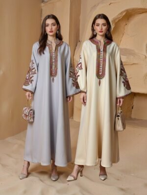 ABY-SMT075 | Embroidered Open Abaya Maxi Dress