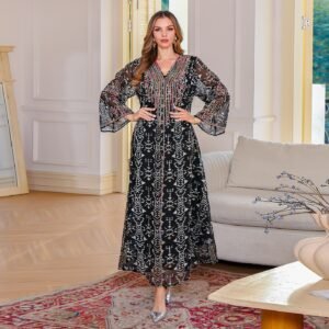 ABY-SMT131 | Embroidered Batwing Abaya Maxi Dress