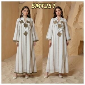 ABY-SMT251 | Embroidered Striped Abaya Maxi Dress