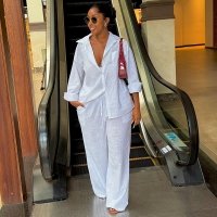 CNR HK73075 | Striped Shirt and Wide-Leg Pants Set