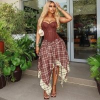 CNR HK75207 | Corset Top and Plaid Midi Skirt Set