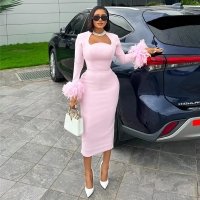 CNR HK7652 | Feather-Trim Midi Dress