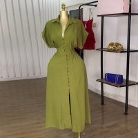 CNR SU72257 | Puff-Sleeve Button-Front Maxi Dress