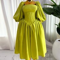 CNR SU9050 | Puff-Sleeve Fit-and-Flare Midi Dress