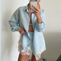 CNR TR2909 | Oversized Shirt and Lace Shorts Set