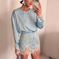 CNR TR3103 | Satin Blouse and Lace Shorts Set