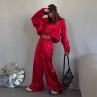 CNR TR3372 | Satin Shirt and Wide-Leg Pants Set