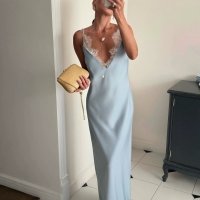 CNR TR3623 | Lace-Trim Satin Maxi Dress