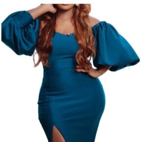 CZ1-C8459 | Puff-Sleeve Slit Midi Dress