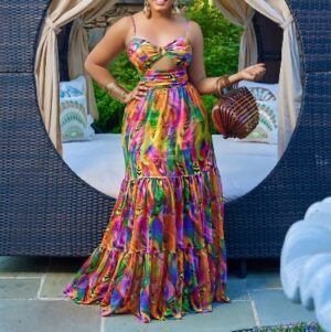 CZ1-C8465 | Printed Ruffle-Hem Maxi Dress