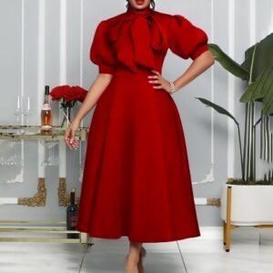 CZ1-C8481 | Bow-Neck Puff-Sleeve Midi Dress