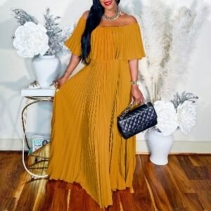 CZ1-C8514 | Fringe-Sleeve Pleated Maxi Dress