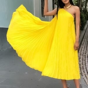 CZ1-C8552 | One-Shoulder Pleated Maxi Dress