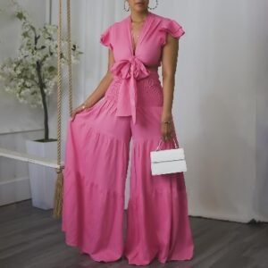 CZ2-C8586 | Ruffle-Sleeve Tie-Front Wide-Leg Jumpsuit