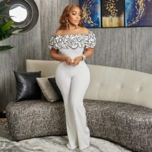 CZ2-C8593 | Lace Off-Shoulder Top and Trousers Set