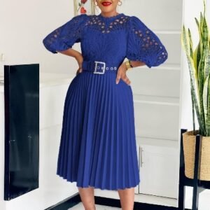 CZ2-C8595 | Lace Cape-Sleeve Pleated Midi Dress
