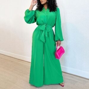 CZ2-C8596 | Belted Long-Sleeve Wide-Leg Jumpsuit