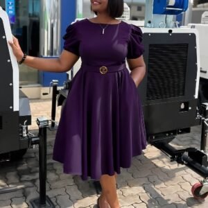 CZ2-C8601 | Puff-Sleeve Belted A-Line Midi Dress