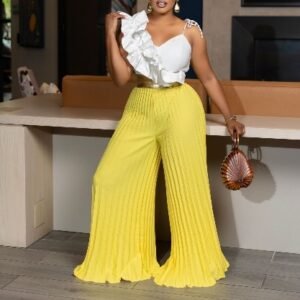 CZ2-C8605 | Ruffle Crop Top and Pleated Wide-Leg Trousers Set