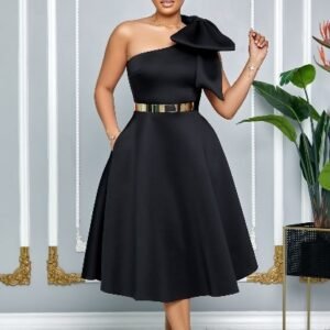 CZ2-C8607 | One-Shoulder Belted A-Line Midi Dress