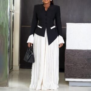 CZ2-C8609 | Contrast-Pleated Blazer and Trousers Set