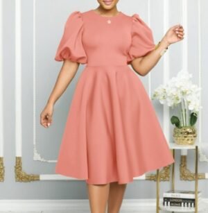CZ2-C8631 | Puff-Sleeve Belted Midi Dress