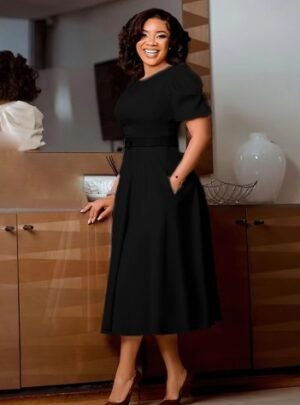 CZ2-C8632 | Puff-Sleeve A-Line Midi Dress