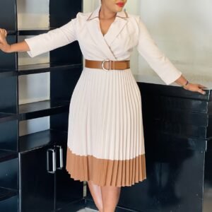 CZ2-C8649 | Belted Pleated Blazer Midi Dress