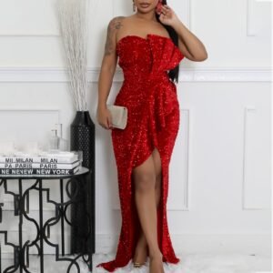 CZ2-C8651 | Sequin Strapless High-Slit Maxi Dress