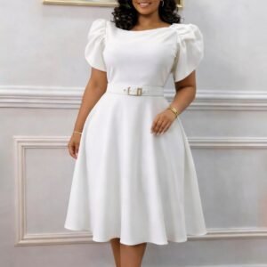 CZ2-C8654 | Puff-Sleeve Belted Midi Dress