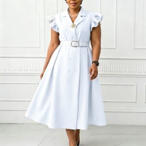 CZ2-C8664 | Ruffle-Sleeve Belted Midi Dress