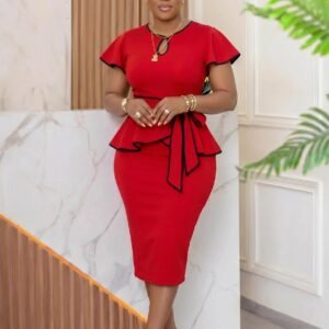 CZ2-C8670 | Belted Peplum Pencil Midi Dress