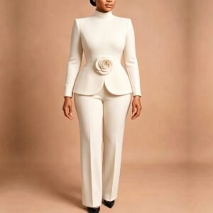 CZ2-C8673 | Floral-Detail Peplum Top and Trousers Set