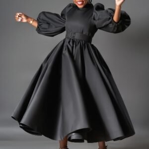 CZ2-D491-C1 | Bow-Neck Puff-Sleeve Maxi Dress
