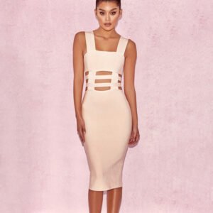 HT2684 | Cutout-Waist Square-Neck Bandage Midi Dress