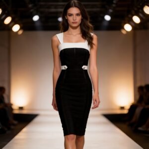 HT39467 | Contrast Black-and-White Bandage Dress