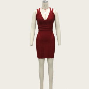 HT39487 | Deep V-Neck Braided Bandage Mini Dress