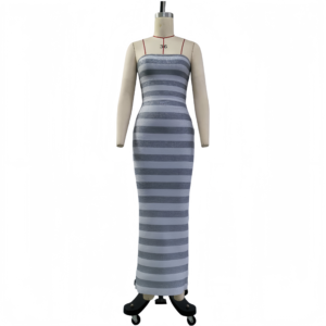 HT39532 | Metallic Striped Strapless Bandage Maxi Dress