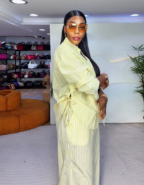 QZ-SH1005 | Striped Belted Blazer and Trousers Set