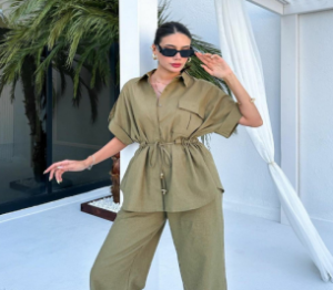 QZ-SH1047 | Belted Short-Sleeve Shirt and Trousers Set