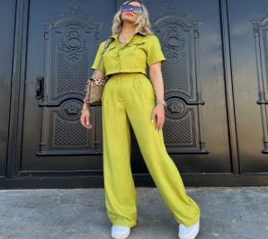 QZ-SH280 | Cropped Shirt and Wide-Leg Trousers Set