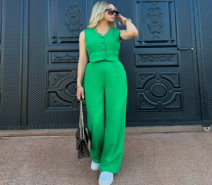 QZ-SH281 | Sleeveless Belted Vest and Wide-Leg Trousers Set