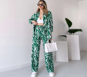 QZ-SH574 | Zebra Print Shirt Crop Top and Trousers Set