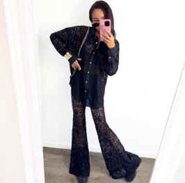 QZ-SH6118 | Lace Shirt and Flared Trousers Set