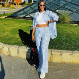 QZ-SH6982 | Striped Shirt Crop Top and Trousers Set