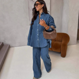 QZ-SH7335 | Pinstripe Blazer and Wide-Leg Trousers Set