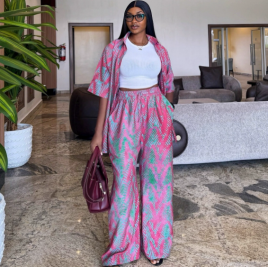 QZ-SH7349 | Printed Kimono and Wide-Leg Trousers Set