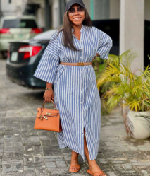 QZ-SH7398 | Striped Belted Shirt Maxi Dress