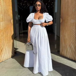 QZ-SH8071 | Puff-Sleeve Crop Top and Trousers Set