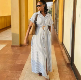 QZ-SH8348 | Striped Button-Front Maxi Dress